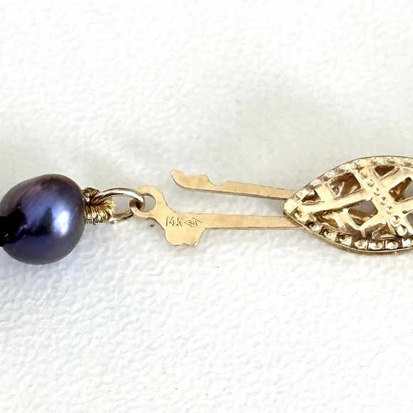 14K Yellow Gold Genuine 6MM Black Pearl Hand Knotted Strand Necklace 18" - Picture 8 of 8